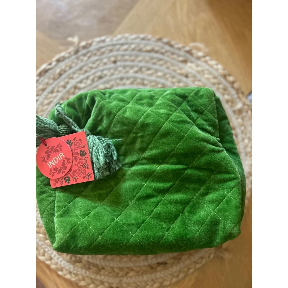 India Quilted Velvet Cosmetic Bag Emerald Green Tassel Makeup Pouch New